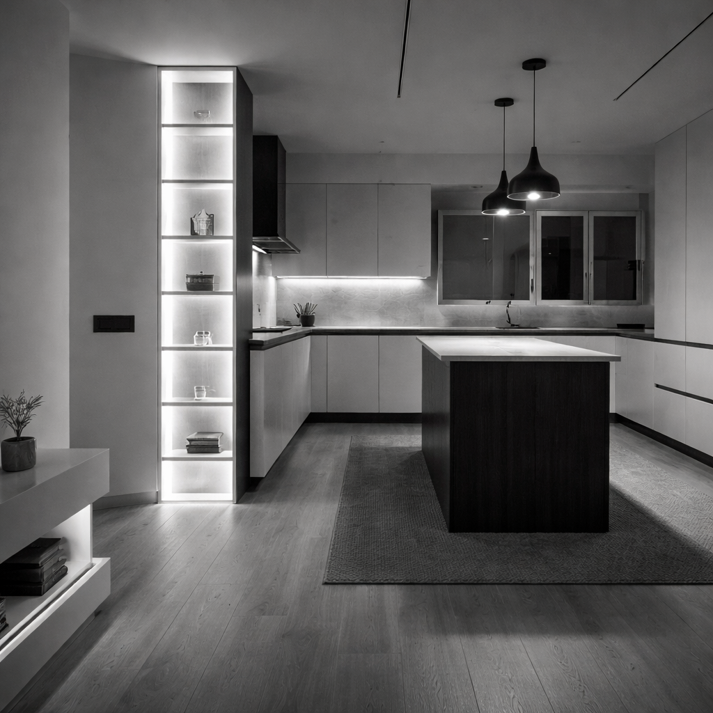 cocina y salón modernos en blanco y negro
