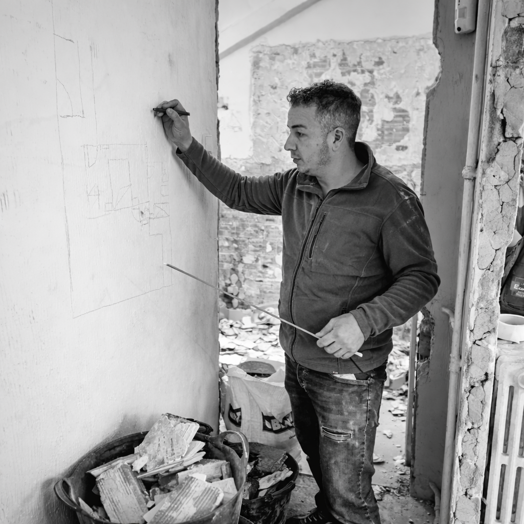 trabajador en obras en blanco y negro